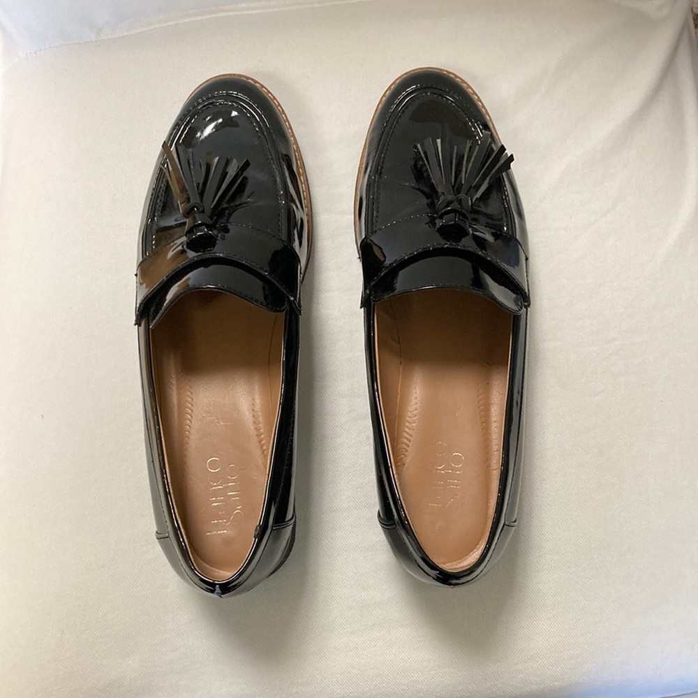 Franco Sarto black patent tasseled loafers.